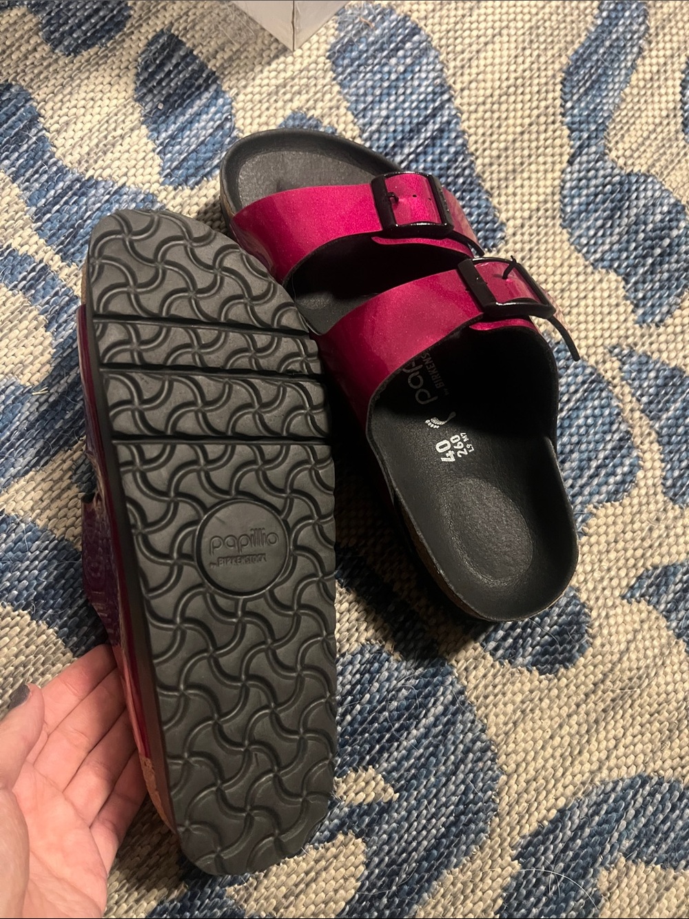 Birkenstock women’s Metallic Magenta Two-Buckle Sandals - Picture 4 of 5
